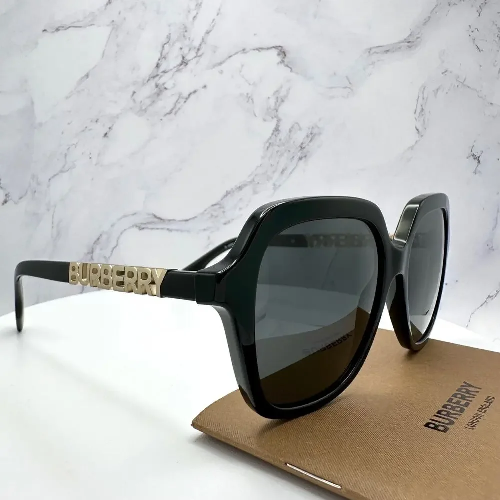 New Burberry Sunglasses Black Square Gold Metal Cut Out BURBERRY Logo Womens